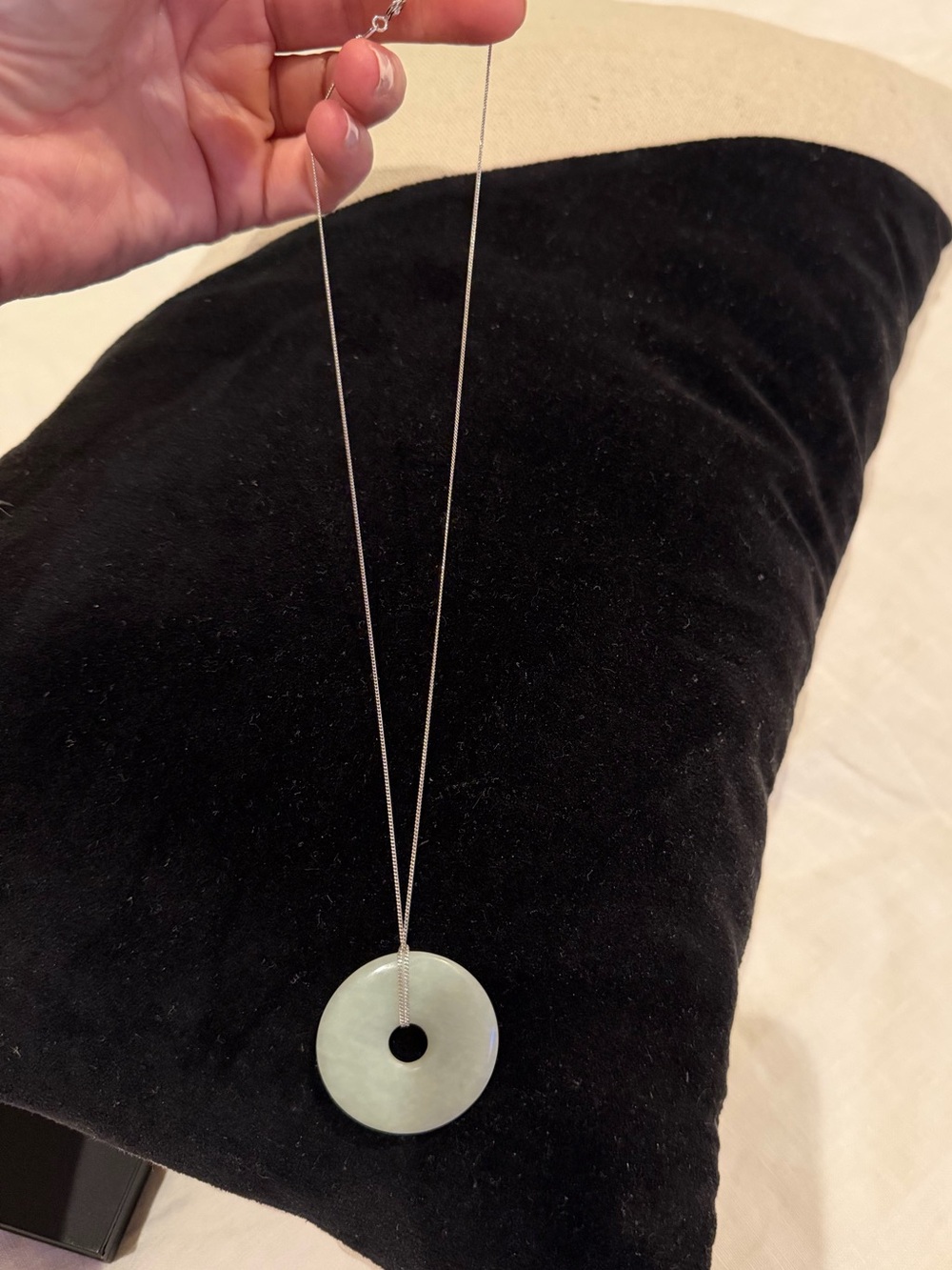 Hand-Carved Jade Donut Pendant Necklace with Sterling Silver Chain